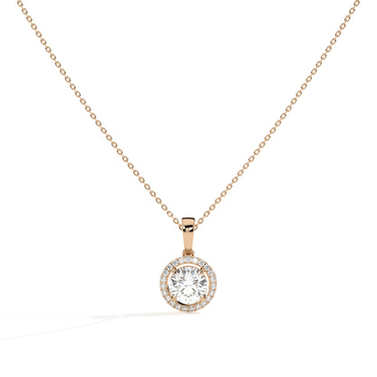 Lucienne round lab-grown diamond halo pendant necklace in 14K (585) rose gold, front view 