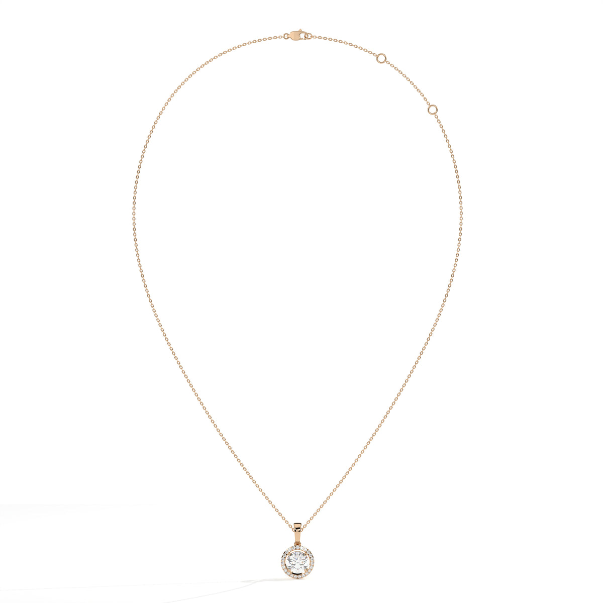 Lucienne round lab-grown diamond halo pendant necklace in 14K (585) rose gold, full necklace view 