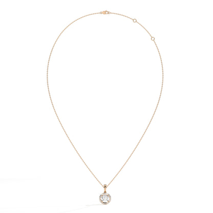 Lucienne round lab-grown diamond halo pendant necklace in 14K (585) rose gold, full necklace view 