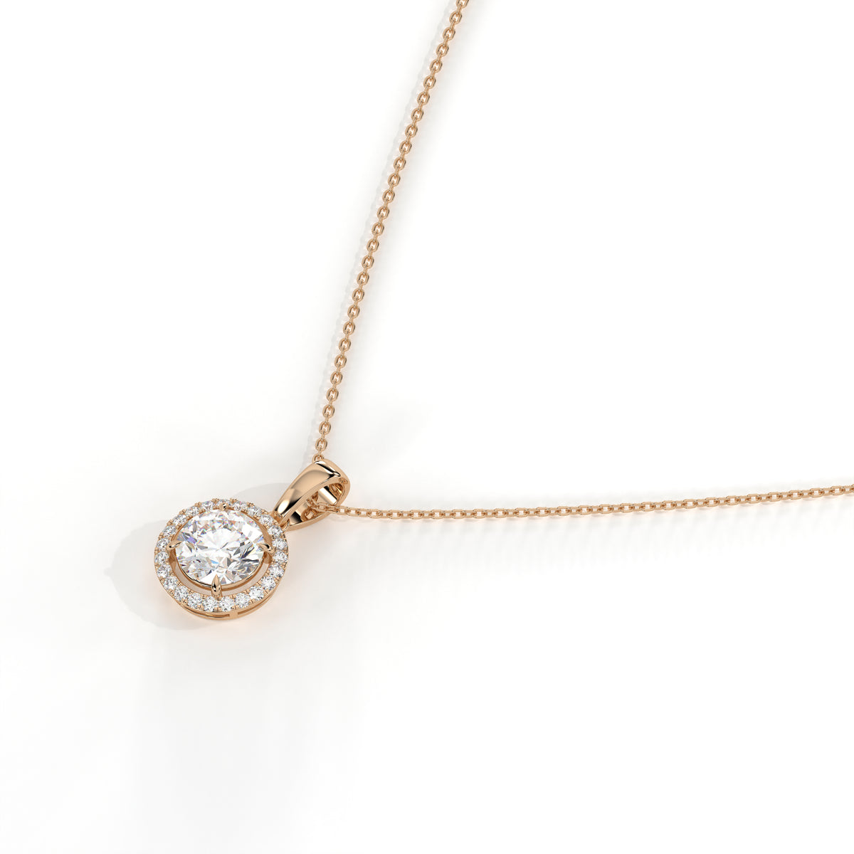 Lucienne round lab-grown diamond halo pendant necklace in 14K (585) rose gold, side view 