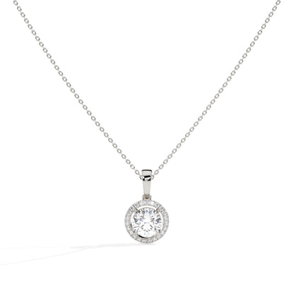 Lucienne round lab-grown diamond halo pendant necklace in 14K (585) white gold, front view 