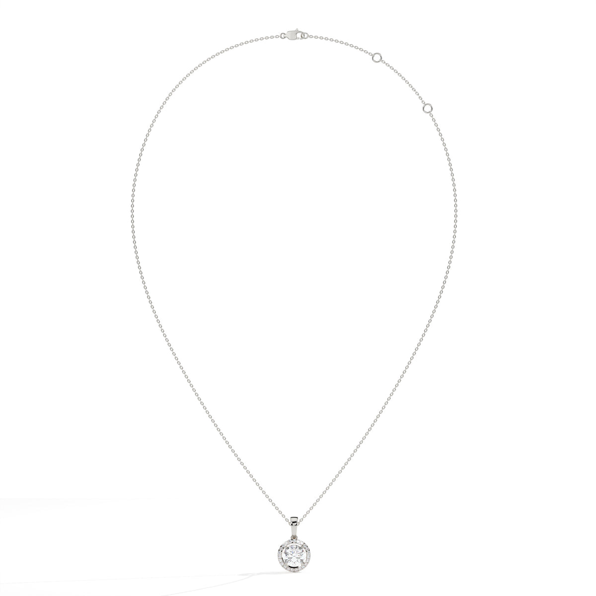 Lucienne round lab-grown diamond halo pendant necklace in 14K (585) white gold, full necklace view 