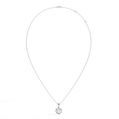 Lucienne round lab-grown diamond halo pendant necklace in 14K (585) white gold, full necklace view 