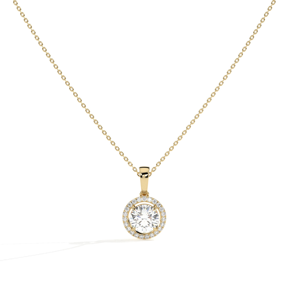 Lucienne round lab-grown diamond halo pendant necklace in 14K (585) yellow gold, front view 