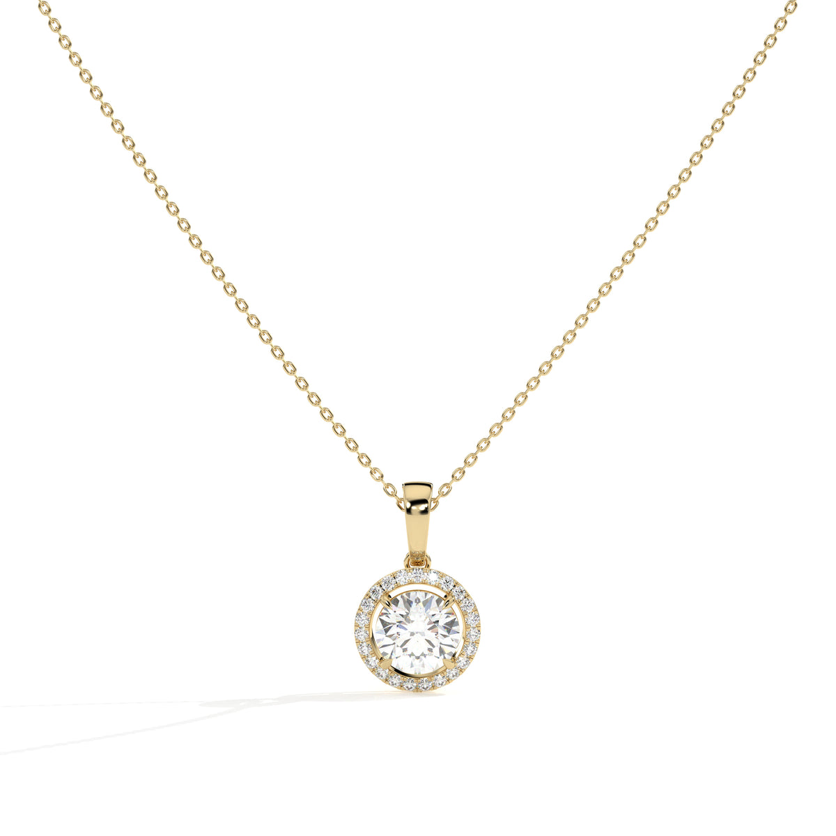 Lucienne round lab-grown diamond halo pendant necklace in 14K (585) yellow gold, front view 