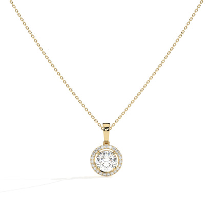 Lucienne round lab-grown diamond halo pendant necklace in 14K (585) yellow gold, front view 