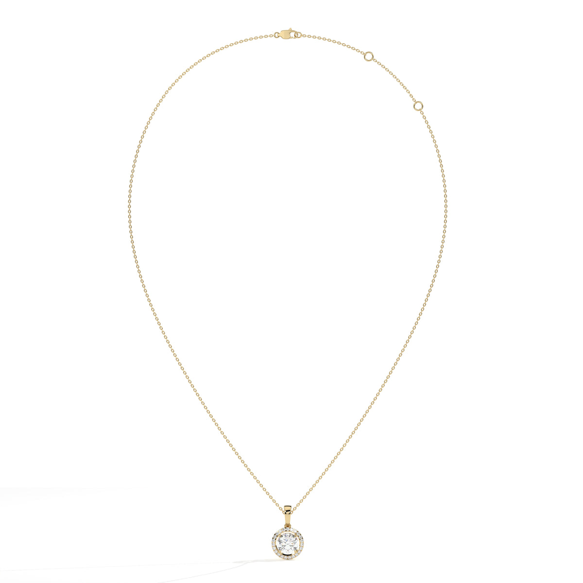 Lucienne round lab-grown diamond halo pendant necklace in 14K (585) yellow gold, full necklace view 