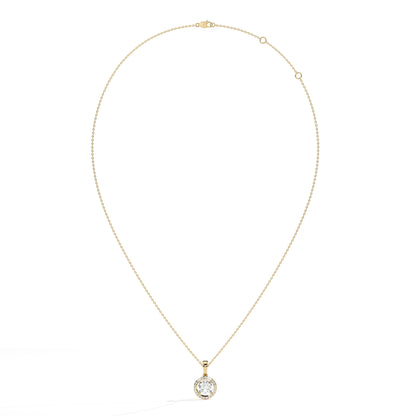 Lucienne round lab-grown diamond halo pendant necklace in 14K (585) yellow gold, full necklace view 