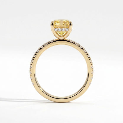 Fancy Vivid Yellow elongated cushion lab-grown diamond engagement ring with hidden halo and pavé band in 14K (585) yellow gold, side profile showing the hidden halo 