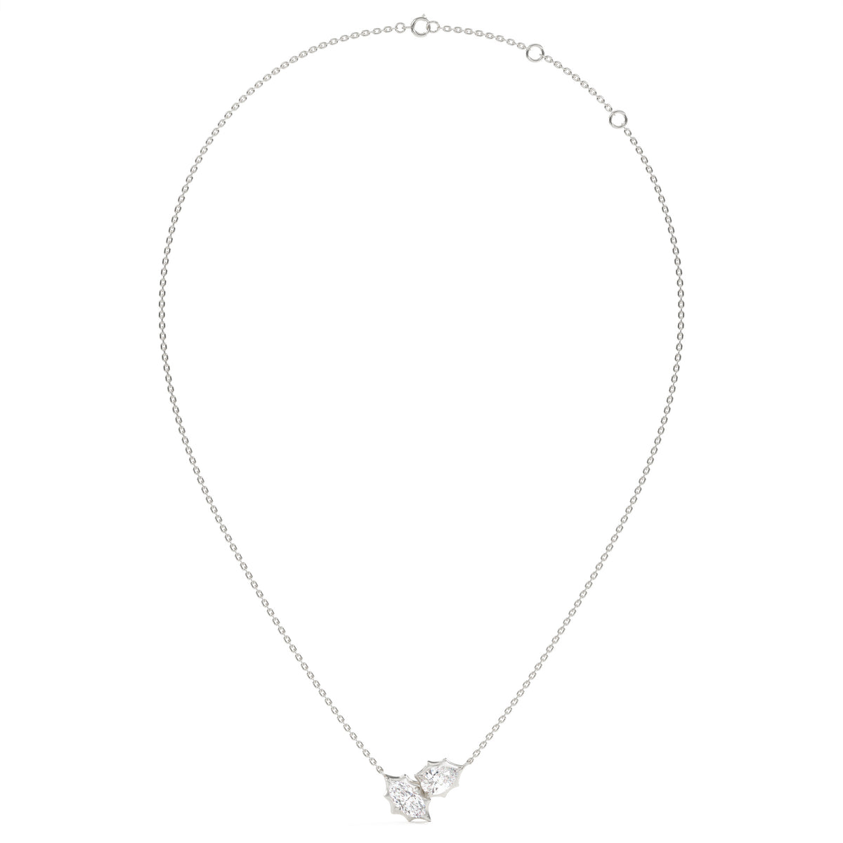 Maëlle Toi-et-Moi-Halskette mit Labordiamanten im Marquise- und Tropfenschliff aus 585 Weißgold, Ansicht der ganzen Kette 