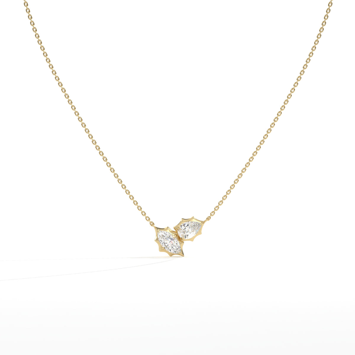 Maëlle Toi-et-Moi-Halskette mit Labordiamanten im Marquise- und Tropfenschliff aus 585 Gelbgold, Vorderansicht 