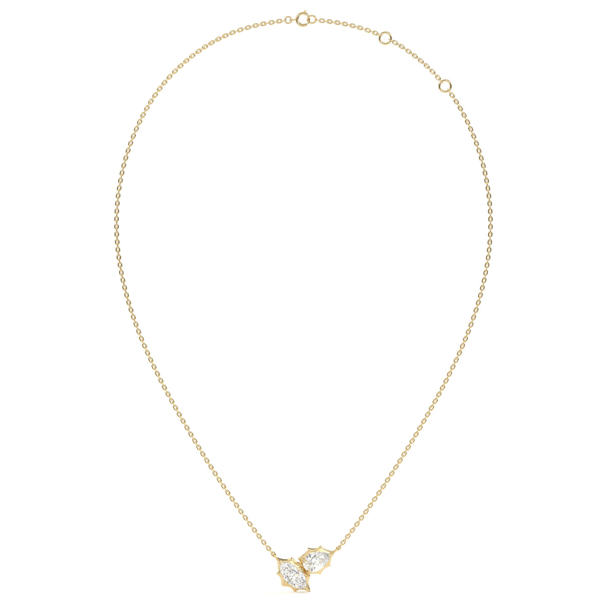 Maëlle Toi-et-Moi-Halskette mit Labordiamanten im Marquise- und Tropfenschliff aus 585 Gelbgold, Ansicht der ganzen Kette 