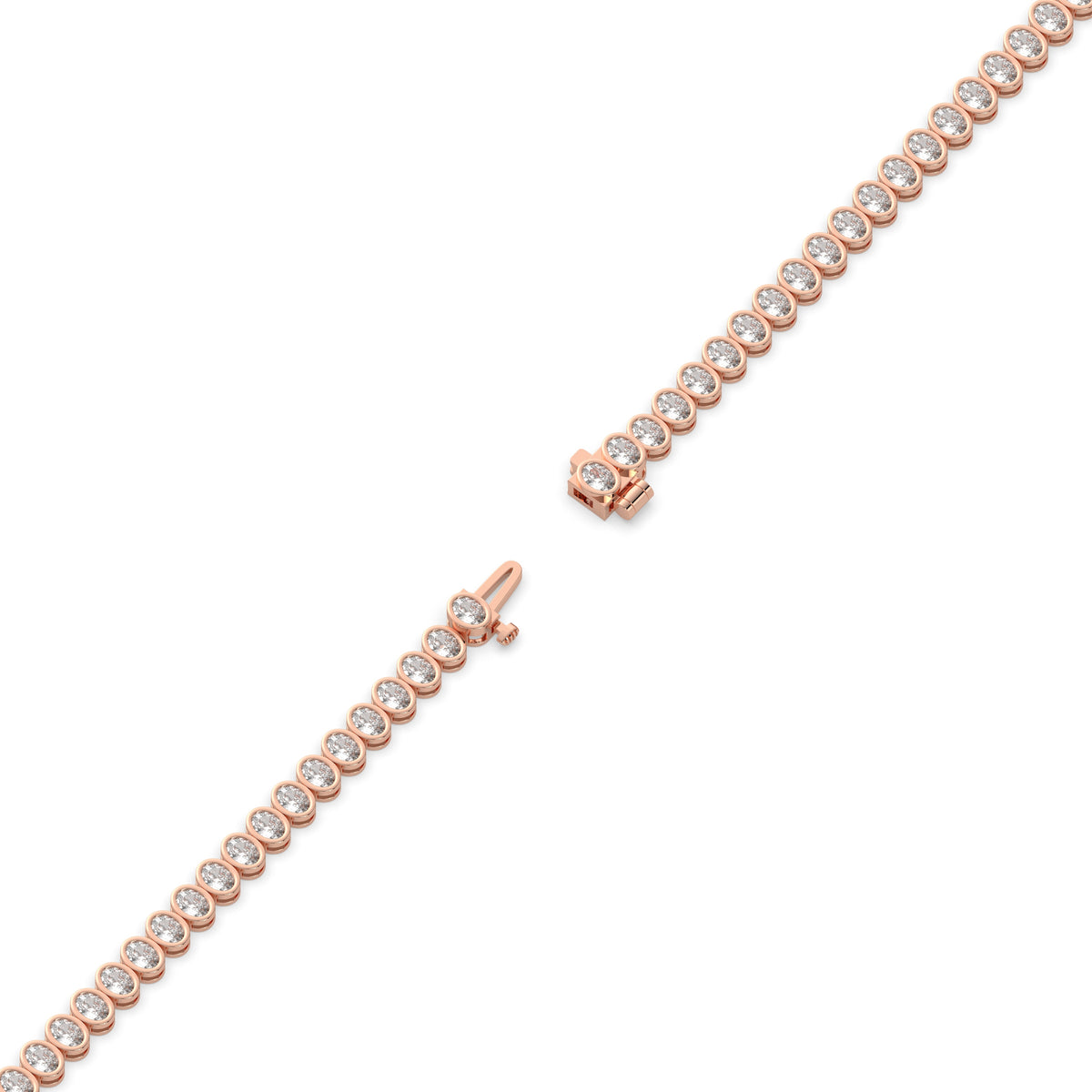 Magda Tennisarmband mit Labordiamanten im Ovalschliff mit Zargenfassung aus 585 Roségold, volle Länge, Diagonalansicht 