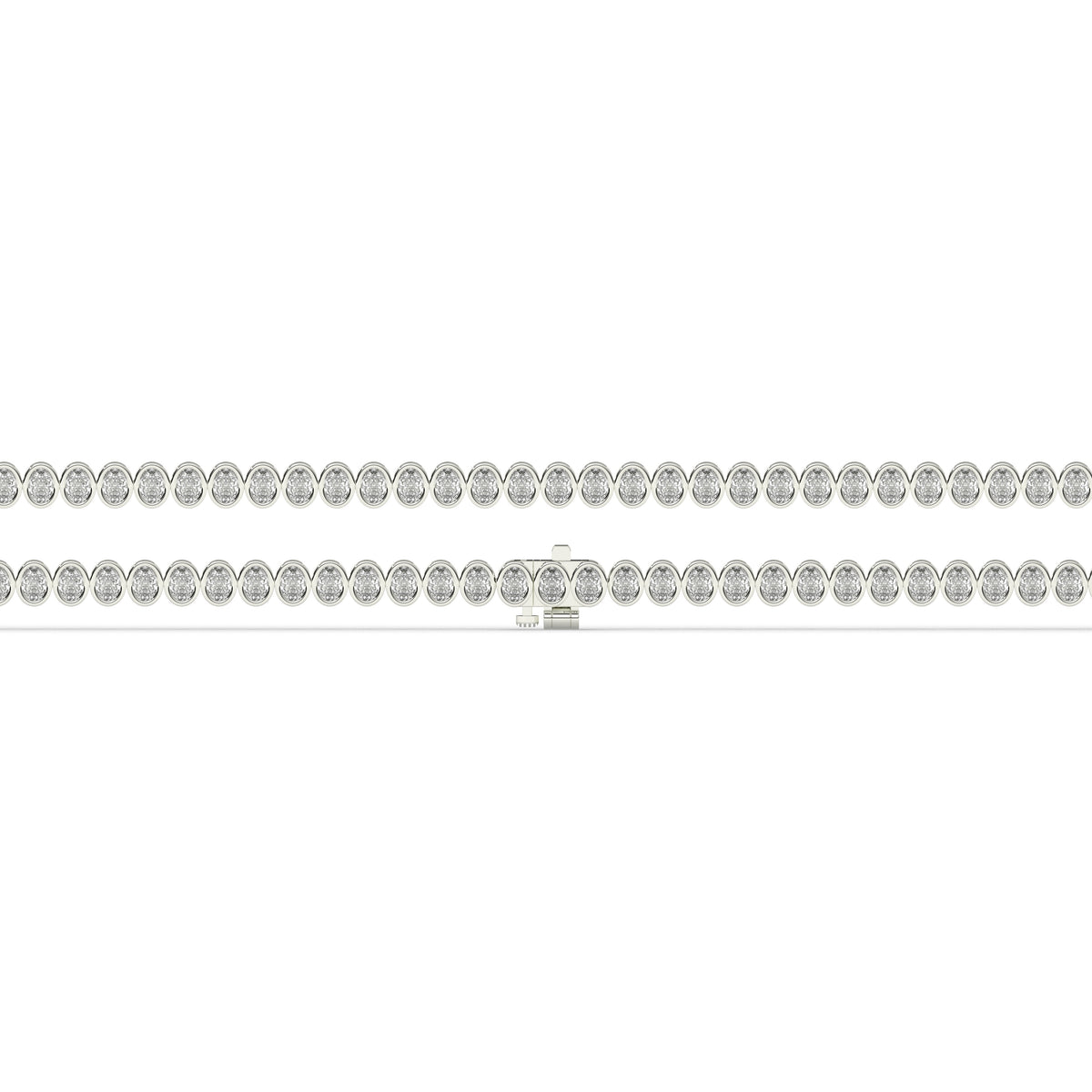 Magda Tennisarmband mit Labordiamanten im Ovalschliff mit Zargenfassung aus 585 Weißgold, flach liegend, volle Länge 