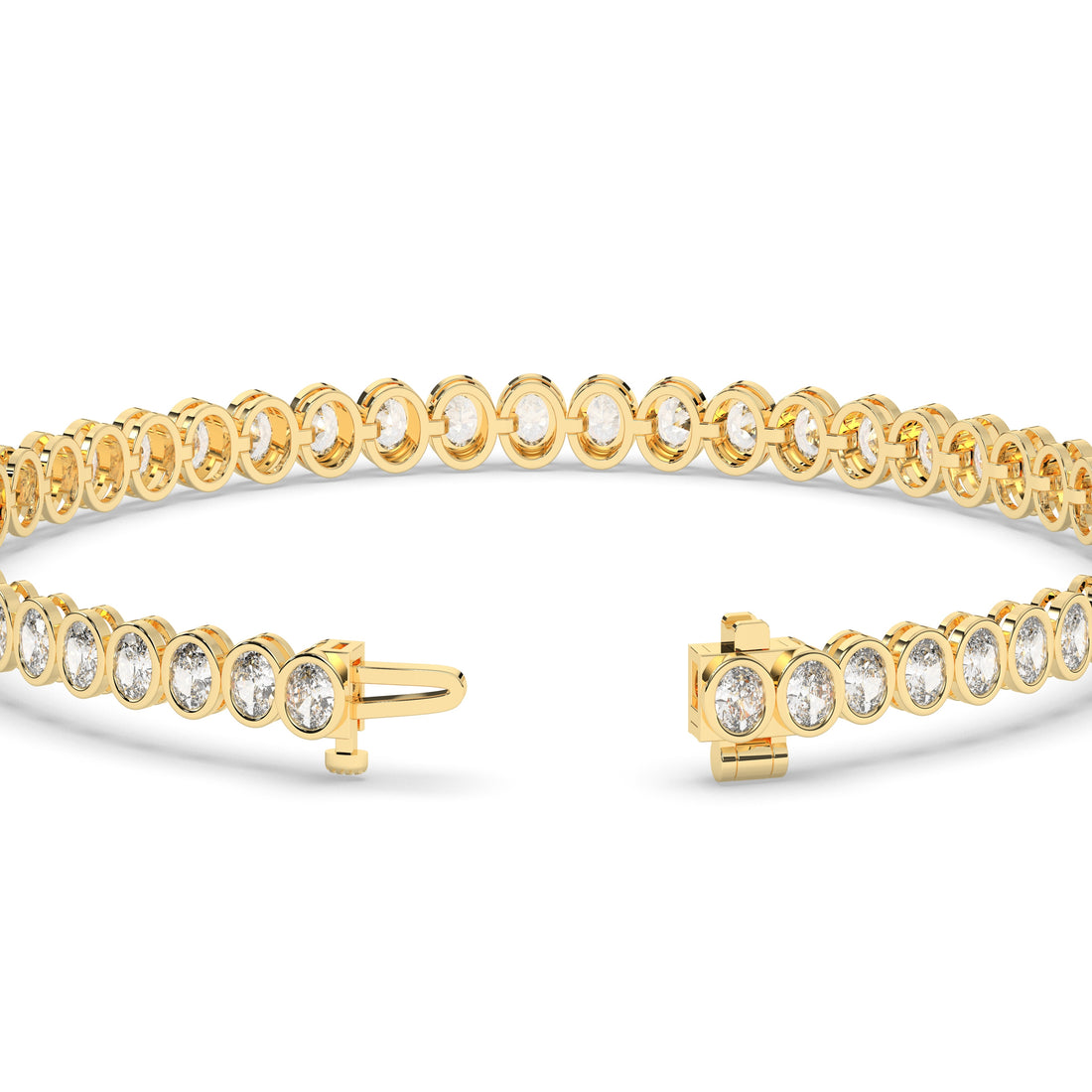 Magda Tennisarmband mit Labordiamanten im Ovalschliff mit Zargenfassung aus 585 Gelbgold, Verschluss geöffnet, Detailansicht 