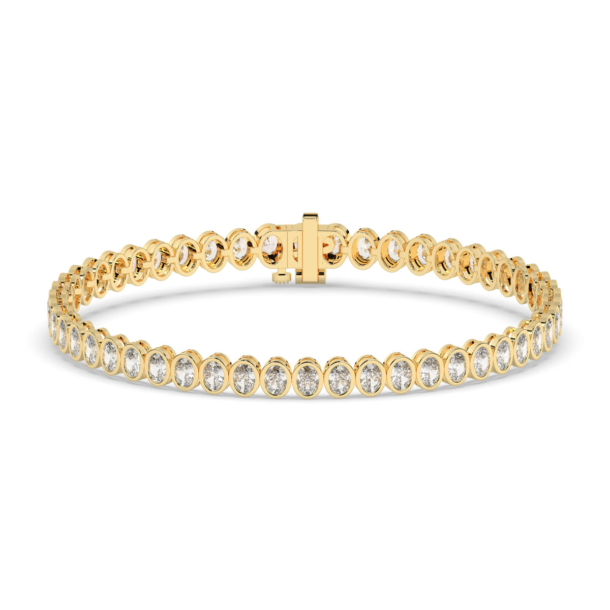 Magda Tennisarmband mit Labordiamanten im Ovalschliff mit Zargenfassung aus 585 Gelbgold, Vorderansicht 