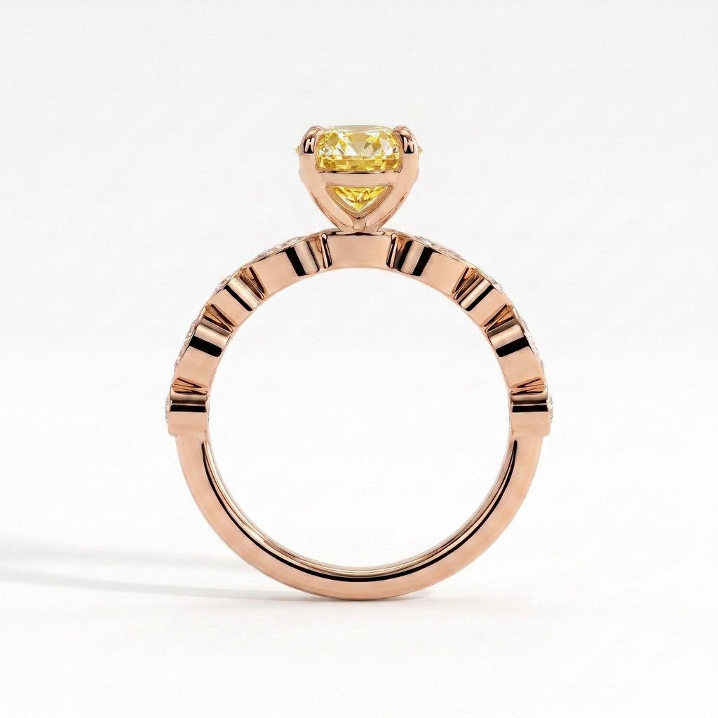 Fancy Vivid Yellow oval lab-grown diamond engagement ring with bezel-set pear and round shoulder accents in 14K (585) rose gold, side profile 