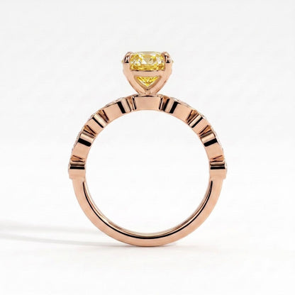 Fancy Vivid Yellow oval lab-grown diamond engagement ring with bezel-set pear and round shoulder accents in 14K (585) rose gold, side profile 