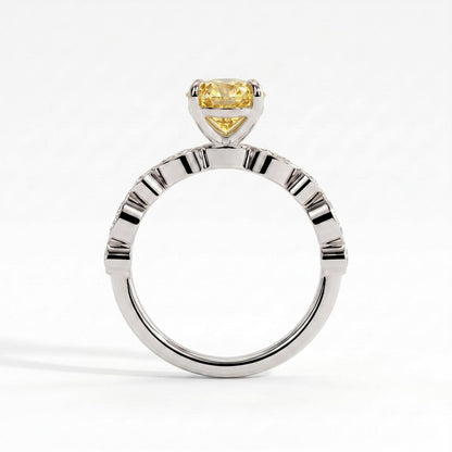 Fancy Vivid Yellow oval lab-grown diamond engagement ring with bezel-set pear and round shoulder accents in 14K (585) white gold, side profile 