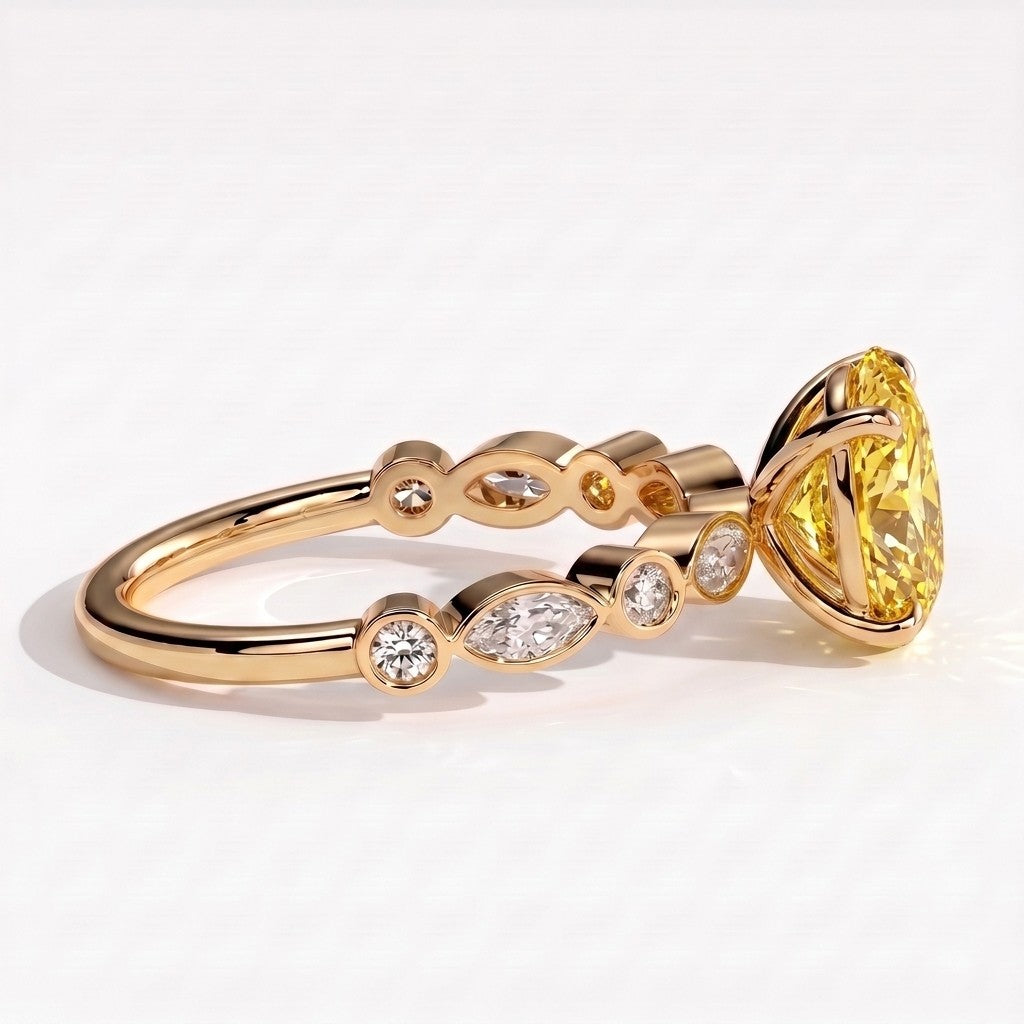 Fancy Vivid Yellow oval lab-grown diamond engagement ring with bezel-set pear and round shoulder accents in 14K (585) yellow gold, back view 
