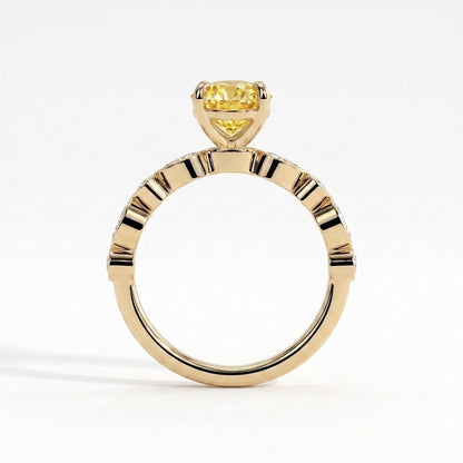 Fancy Vivid Yellow oval lab-grown diamond engagement ring with bezel-set pear and round shoulder accents in 14K (585) yellow gold, side profile 