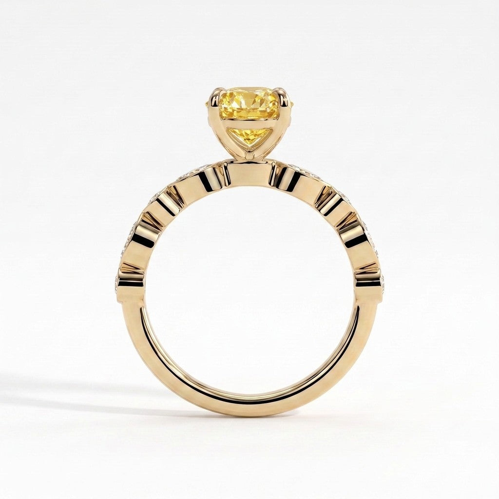 Fancy Vivid Yellow oval lab-grown diamond engagement ring with bezel-set pear and round shoulder accents in 18K (750) yellow gold, side profile 