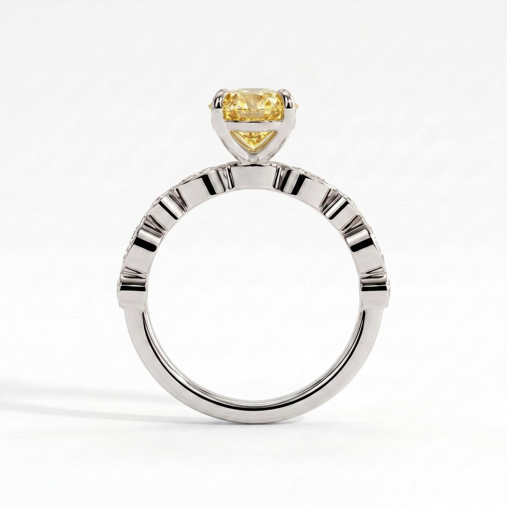 Fancy Vivid Yellow oval lab-grown diamond engagement ring with bezel-set pear and round shoulder accents in 950 platinum, side profile 