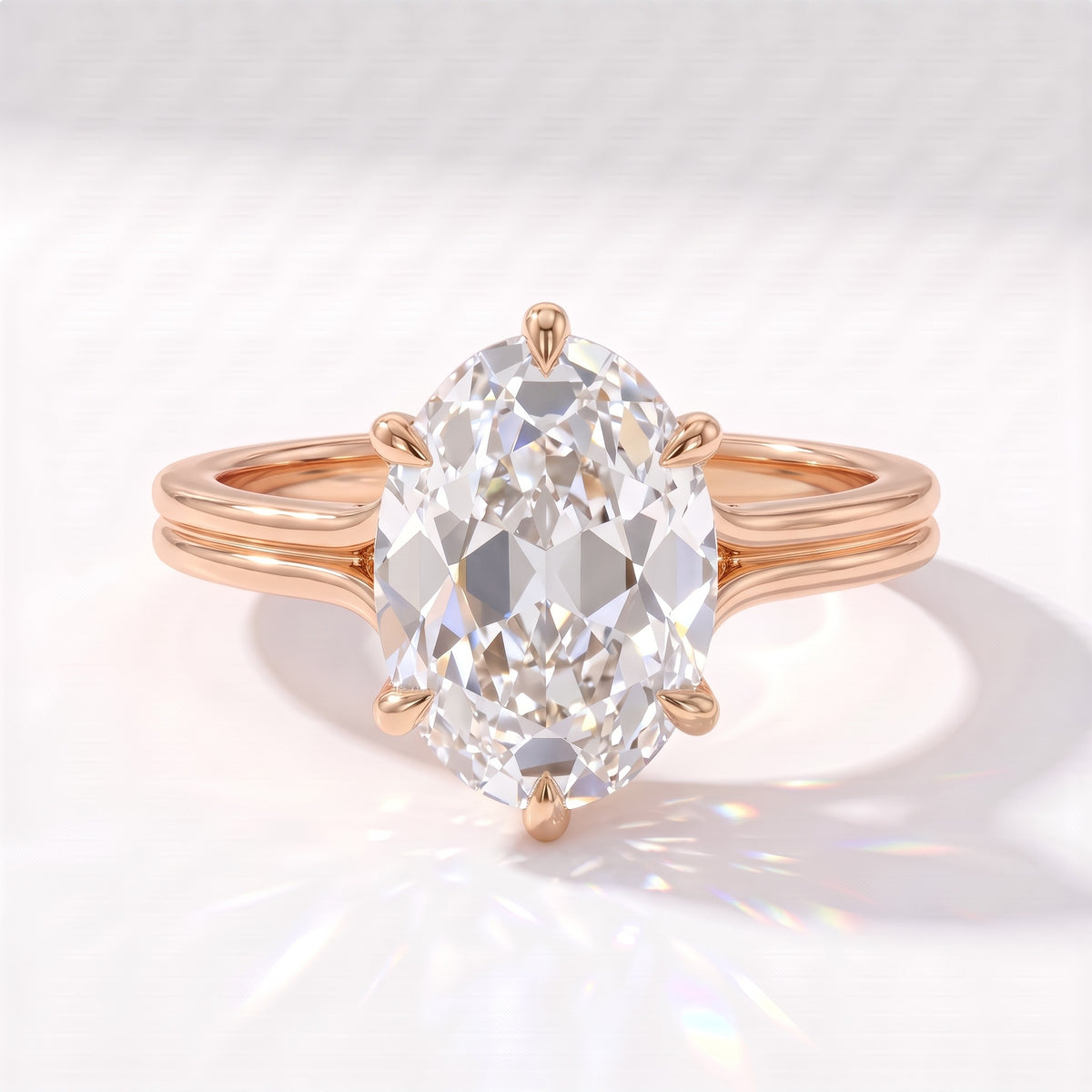 Antique cut oval lab-grown diamond vintage solitaire engagement ring with split shank and engraved gallery in 14K (585) rose gold, front view 