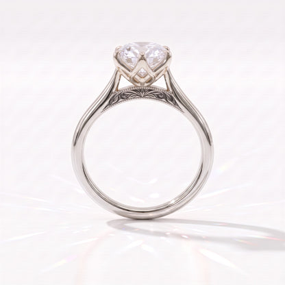 Antique cut oval lab-grown diamond vintage solitaire engagement ring with split shank and engraved gallery in 14K (585) white gold, profile view showing the engraved gallery 