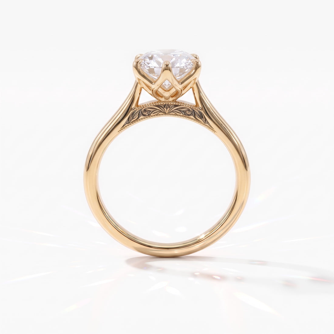 Antique cut oval lab-grown diamond vintage solitaire engagement ring with split shank and engraved gallery in 14K (585) yellow gold, profile view showing the engraved gallery 