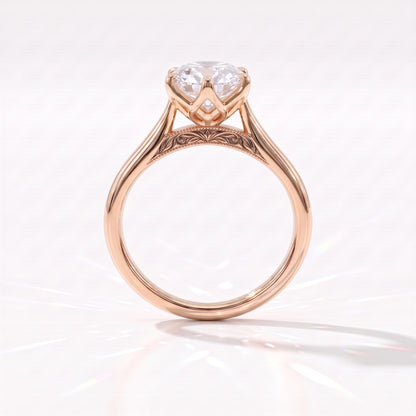 Antique cut oval lab-grown diamond vintage solitaire engagement ring with split shank and engraved gallery in 18K (750) rose gold, profile view showing the engraved gallery 
