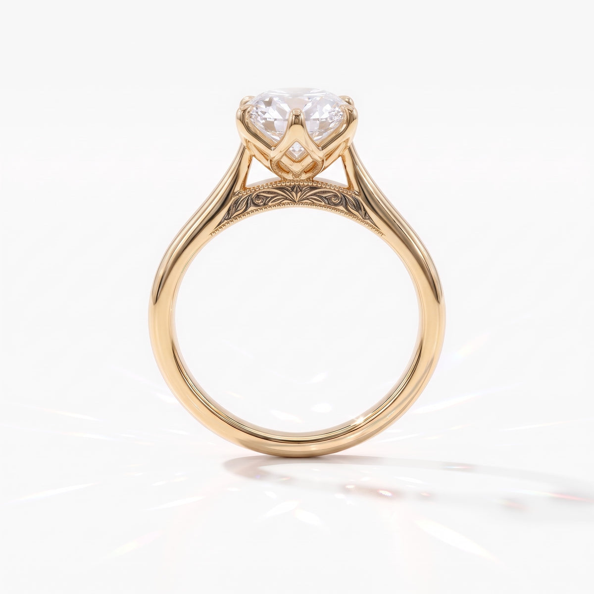 Antique cut oval lab-grown diamond vintage solitaire engagement ring with split shank and engraved gallery in 18K (750) yellow gold, profile view showing the engraved gallery 