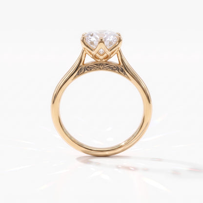 Antique cut oval lab-grown diamond vintage solitaire engagement ring with split shank and engraved gallery in 18K (750) yellow gold, profile view showing the engraved gallery 