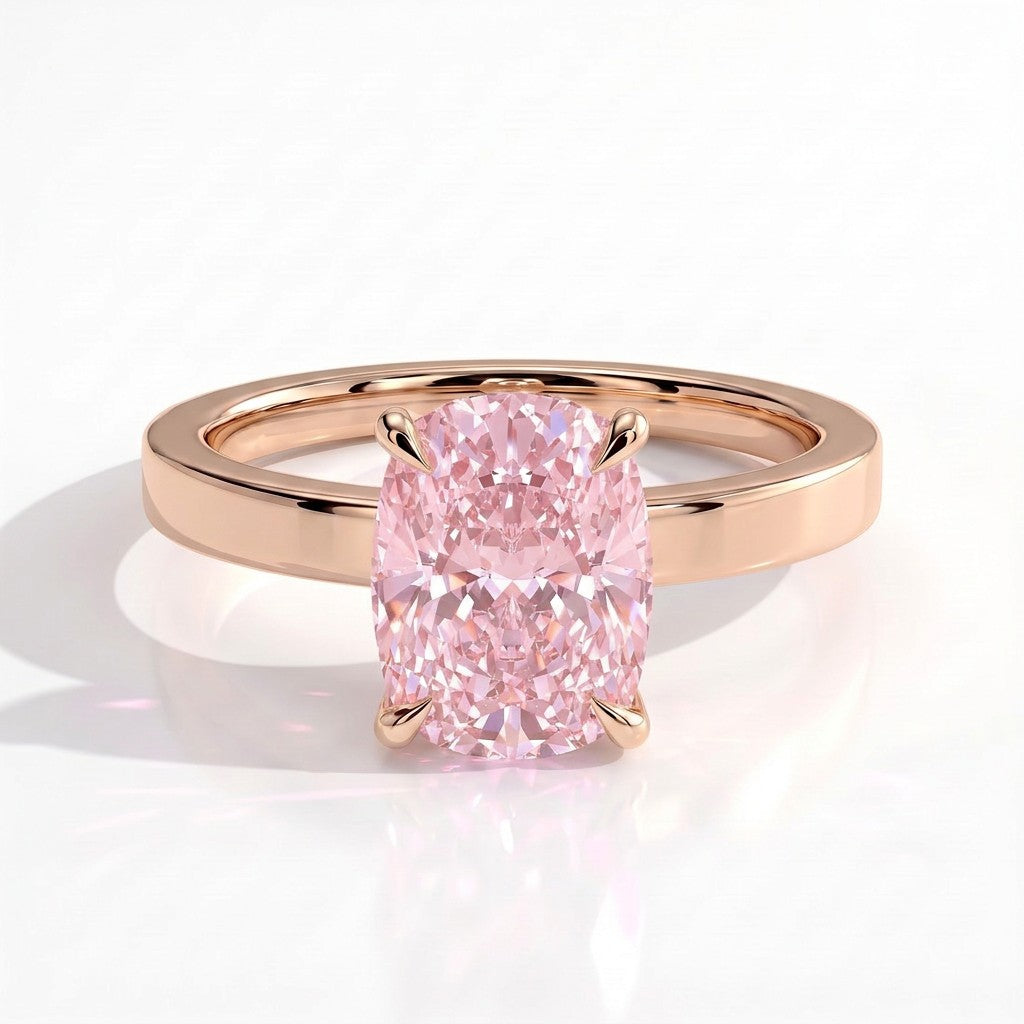 Fancy Vivid Pink elongated cushion lab-grown diamond engagement ring with flat cigar band and hidden halo in 14K (585) rose gold, front view 