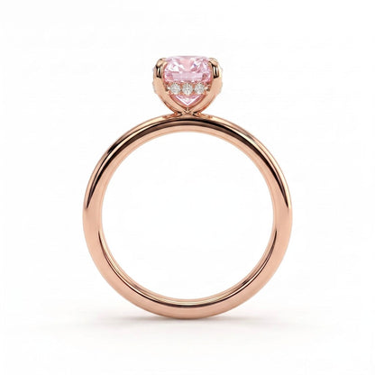 Fancy Vivid Pink elongated cushion lab-grown diamond engagement ring with flat cigar band and hidden halo in 14K (585) rose gold, side profile showing the hidden halo 