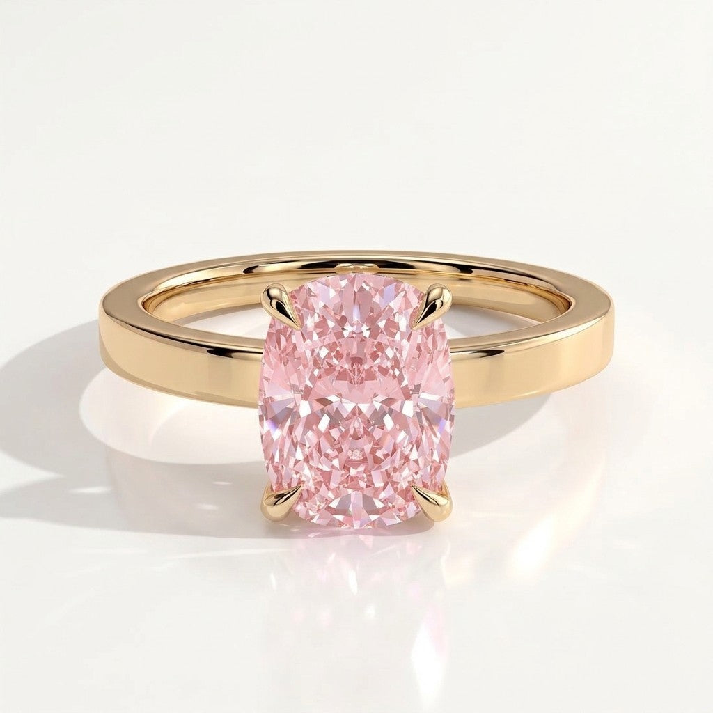 Fancy Vivid Pink elongated cushion lab-grown diamond engagement ring with flat cigar band and hidden halo in 14K (585) yellow gold, front view 