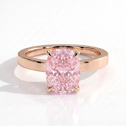 Fancy Vivid Pink elongated cushion lab-grown diamond engagement ring with flat cigar band and hidden halo in 18K (750) rose gold, front view 