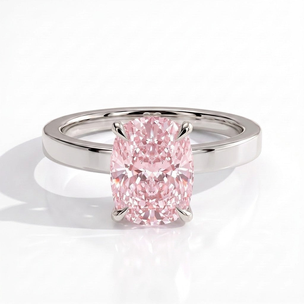 Fancy Vivid Pink elongated cushion lab-grown diamond engagement ring with flat cigar band and hidden halo in 18K (750) white gold, front view 