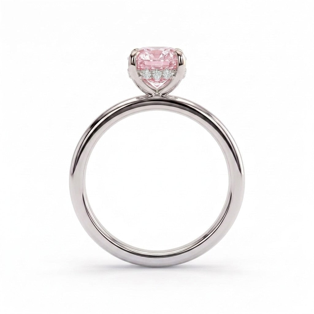 Fancy Vivid Pink elongated cushion lab-grown diamond engagement ring with flat cigar band and hidden halo in 18K (750) white gold, side profile showing the hidden halo 