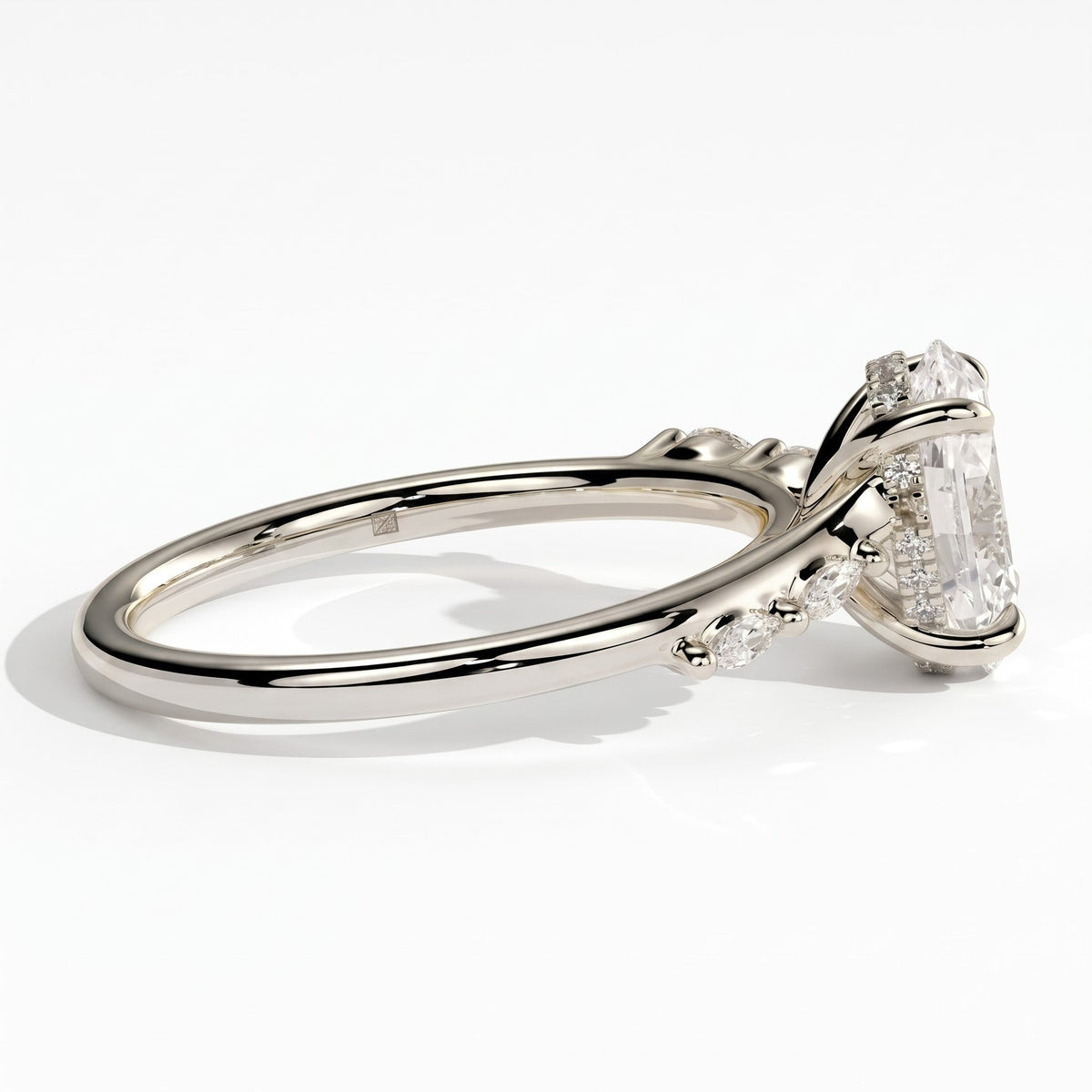 Oval lab-grown diamond halo engagement ring in 950 platinum, detail view 