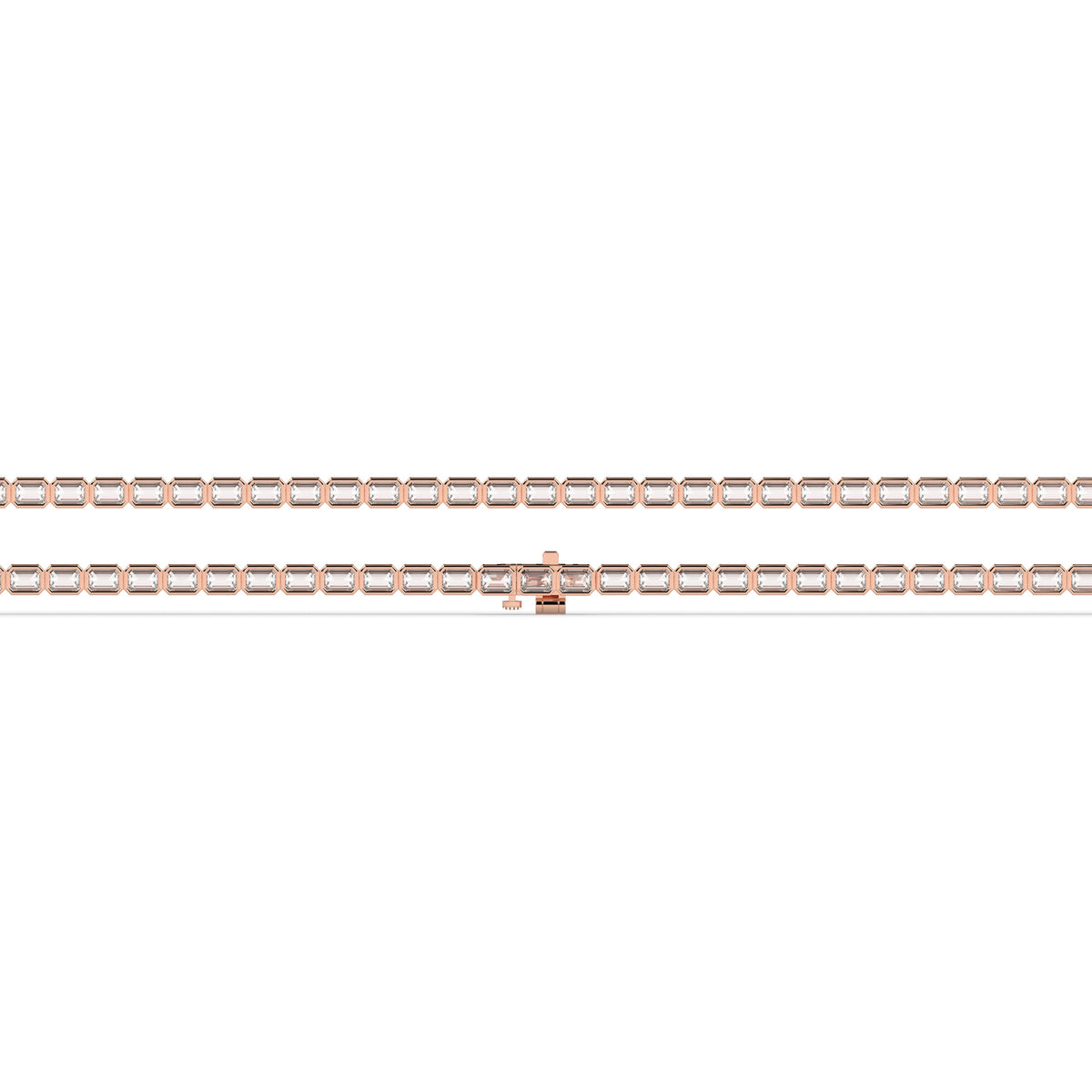 Noa Tennisarmband mit Labordiamanten im Smaragdschliff mit Zargenfassung aus 585 Roségold, flach liegend, volle Länge 