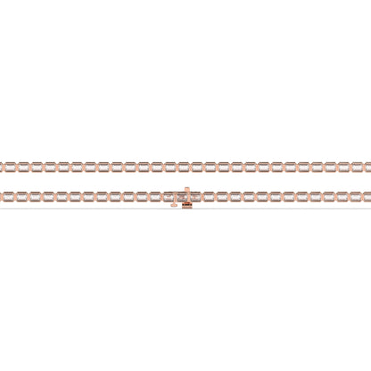 Noa Tennisarmband mit Labordiamanten im Smaragdschliff mit Zargenfassung aus 585 Roségold, flach liegend, volle Länge 
