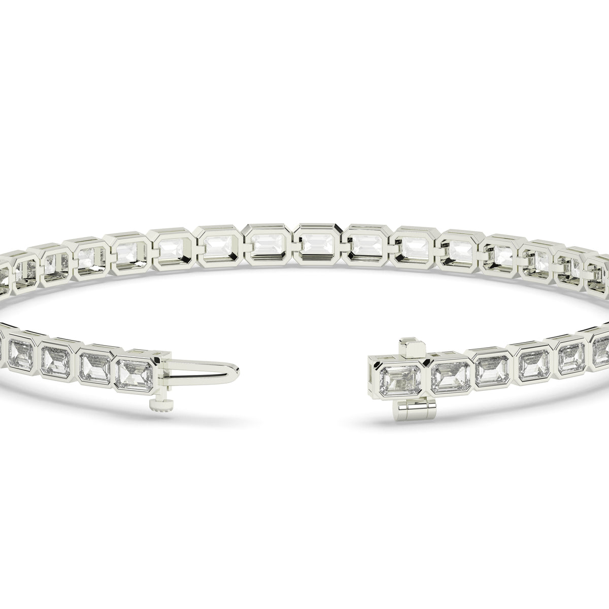 Noa Tennisarmband mit Labordiamanten im Smaragdschliff mit Zargenfassung aus 585 Weißgold, Verschluss geöffnet, Detailansicht 
