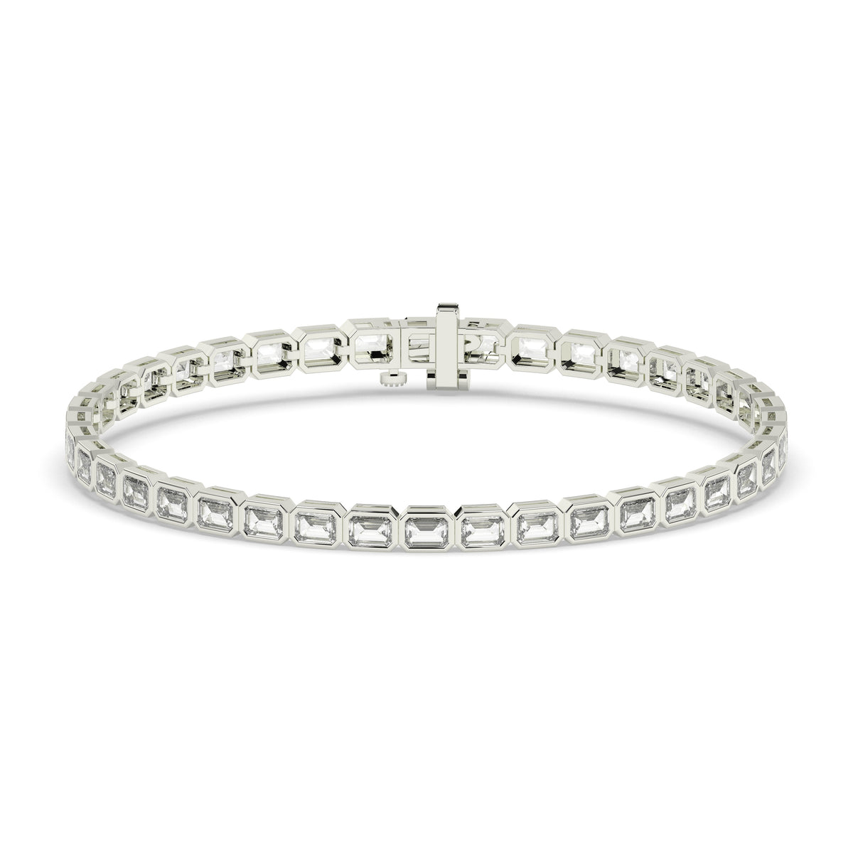 Noa Tennisarmband mit Labordiamanten im Smaragdschliff mit Zargenfassung aus 585 Weißgold, Vorderansicht 