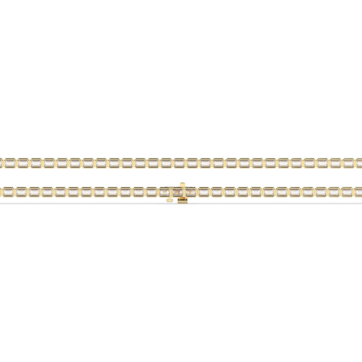 Noa Tennisarmband mit Labordiamanten im Smaragdschliff mit Zargenfassung aus 585 Gelbgold, flach liegend, volle Länge 