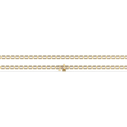 Noa Tennisarmband mit Labordiamanten im Smaragdschliff mit Zargenfassung aus 585 Gelbgold, flach liegend, volle Länge 