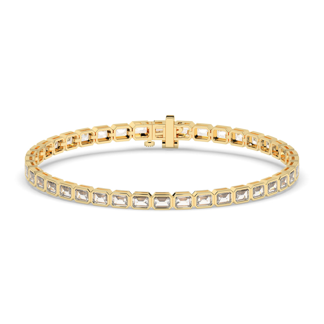 Noa Tennisarmband mit Labordiamanten im Smaragdschliff mit Zargenfassung aus 585 Gelbgold, Vorderansicht 