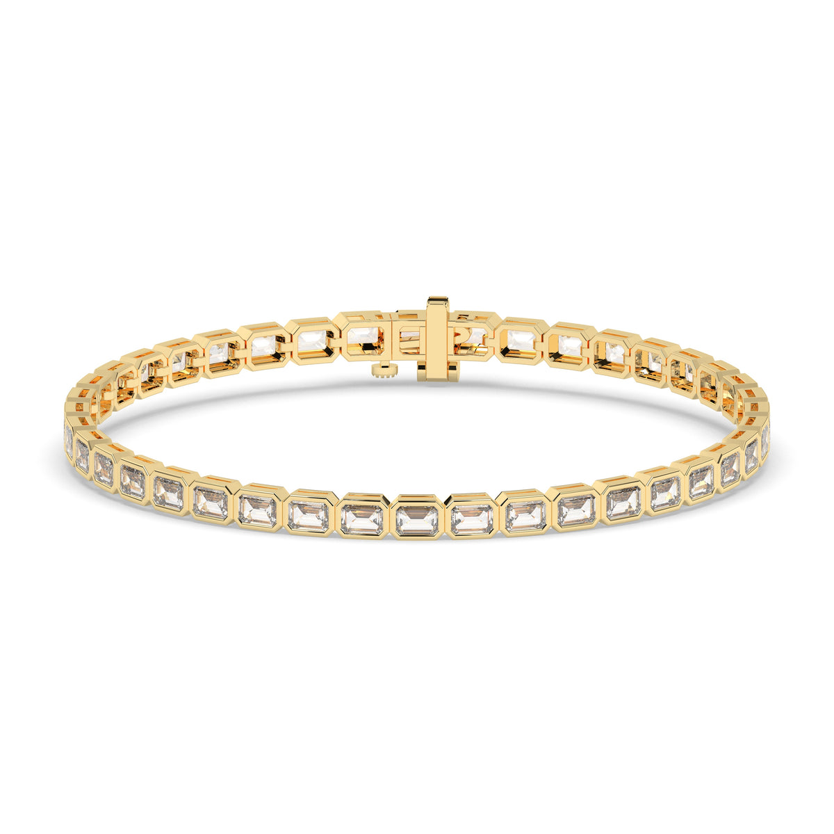 Noa Tennisarmband mit Labordiamanten im Smaragdschliff mit Zargenfassung aus 585 Gelbgold, Vorderansicht 