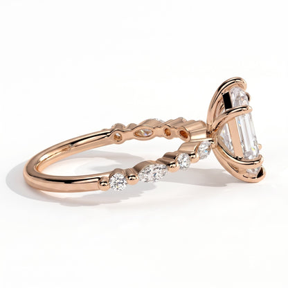 Elongated Hexagon lab-grown diamond halo engagement ring in 18K (750) rose gold, detail view 