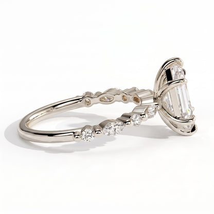Elongated Hexagon lab-grown diamond halo engagement ring in 950 platinum, detail view 